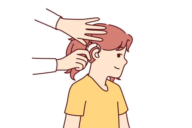 Doctor Puts Hearing Aid On Child Ear To Help Girl Cope With Congenital Problem That Causes Deafness Hearing Aid For People With Sound Perception Disorder Caused By Trauma Or Congenital Disease Illustration