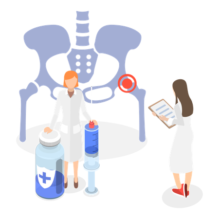 Doctor putting cortisone injection in hip joint  Illustration