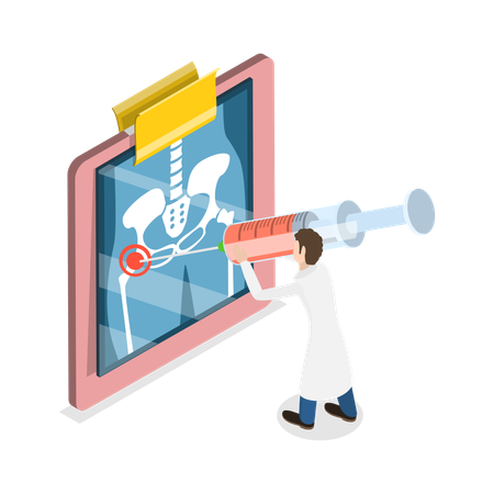 Doctor putting cortisone injection in hip joint  Illustration