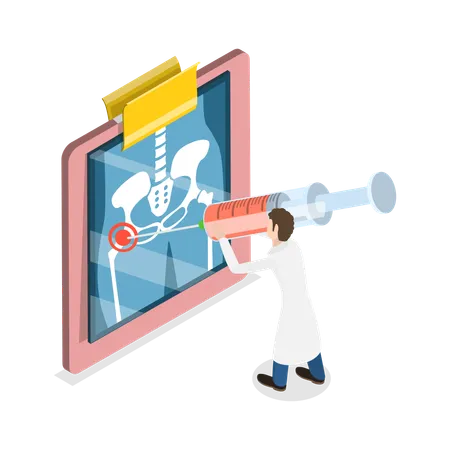 Doctor putting cortisone injection in hip joint  Illustration