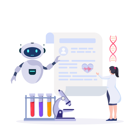 Médico realizando un experimento de laboratorio con un robot  Ilustración