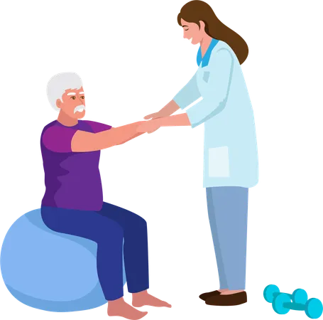 Physical Therapist Or Doctor Rehabilitating Elderly Patients By Doing Physical Therapy To Reduce Injuries Illustration