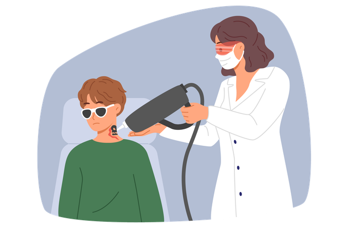 Doctor removes tattoo from man neck using laser medical equipment to clear ink from skin  일러스트레이션