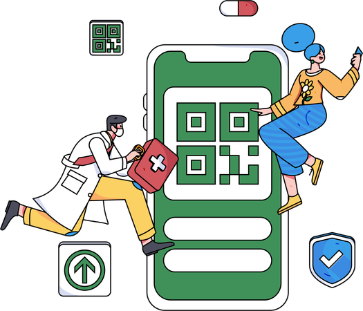 Doctor running with first aid box while giving online medical consultation  Illustration