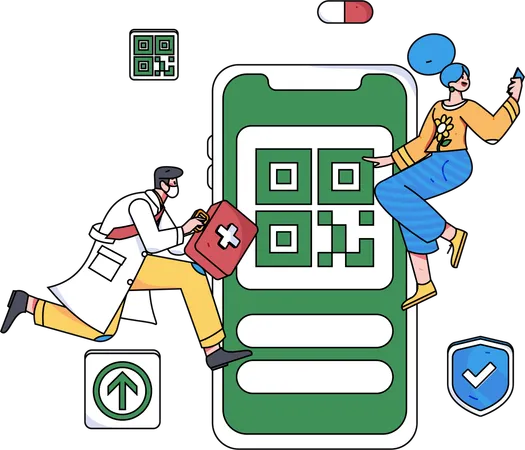 Doctor running with first aid box while giving online medical consultation  Illustration