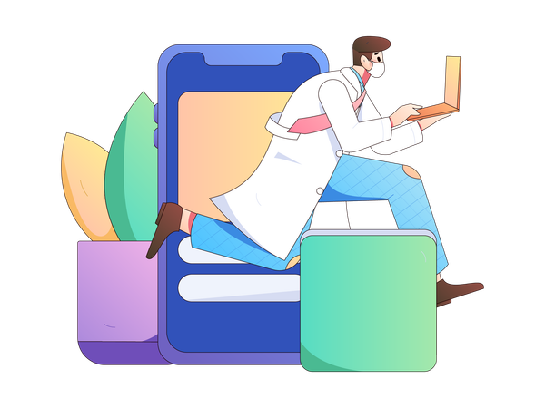 Doctor running with laptop for medical consultation  Illustration