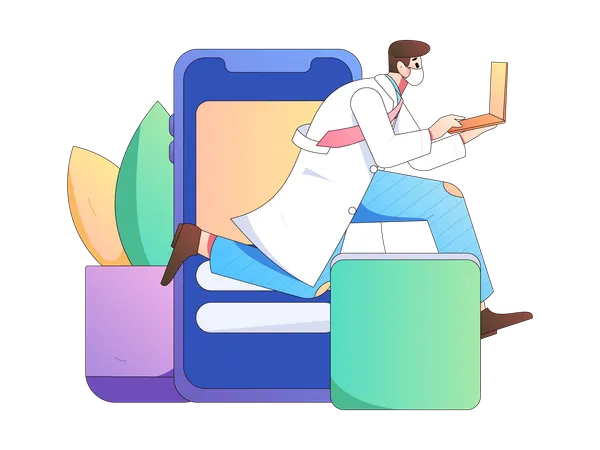 Doctor running with laptop for medical consultation  Illustration