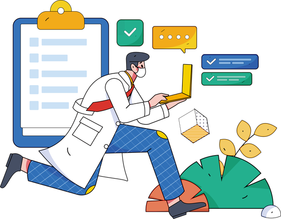 Doctor running with laptop while checking medical report  Illustration