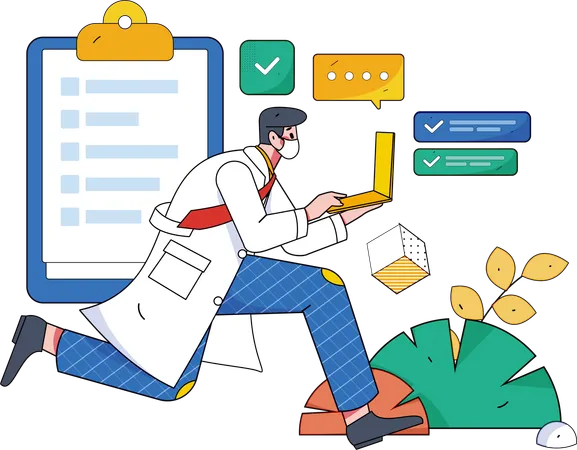 Doctor running with laptop while checking medical report  Illustration