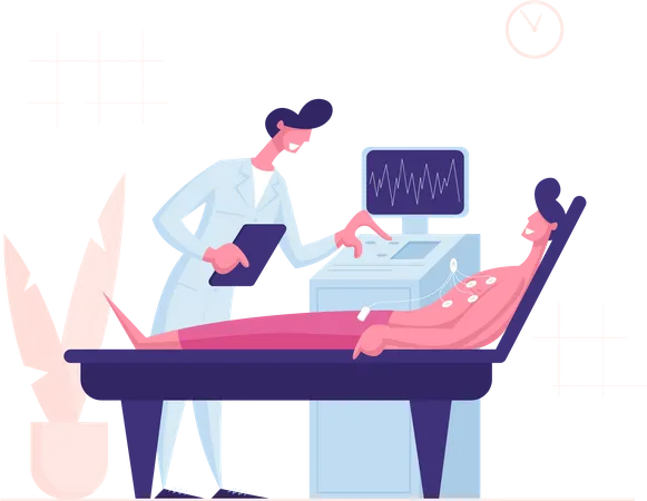 Doctor Scanning Young Man With Ultrasound Diagnostic Machine Healthcare Medicine Concept Patient Lying On Couch In Chamber With Special Scanner And Suckers On Chest Cartoon Flat Vector Illustration Illustration