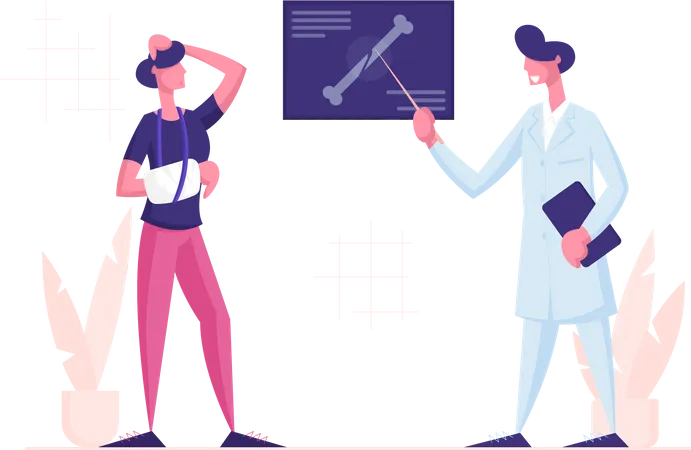 Doctor Show at X-ray Picture with Limb Fracture to Patient  Illustration