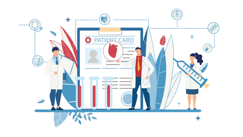 Doctor showing patient heart report to medical assistants for better treatment  Illustration