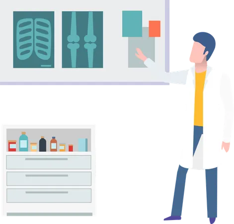 Doctor In Hospital Vector Man Working As Doc Showing Scans Male With Checkup Results Of Patients Cabinet With Bottles And Prescriptions Expert Examine Illustration