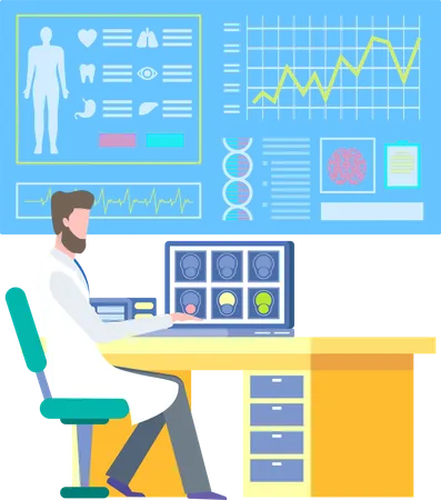 Doctor Sitting On Workplace And Researching Diagnostic Report Patient Ct Scan Monitor With Cardiogram And Organs Icon Laboratory Occupation Mri Vector Illustration