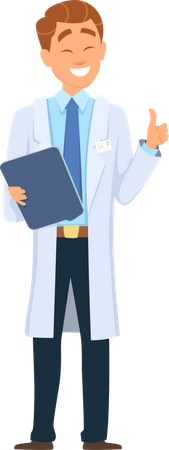 Doctor sosteniendo informe y mostrando el pulgar hacia arriba  Ilustración