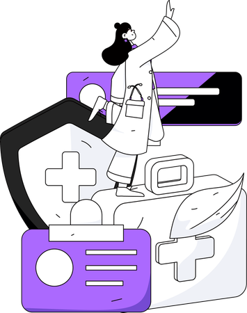 Doctor standing on medical box while waving hand  Illustration