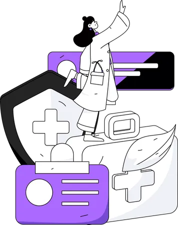 Doctor standing on medical box while waving hand  Illustration