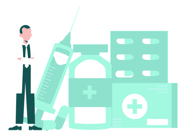 Doctor Standing With Medicines  Illustration