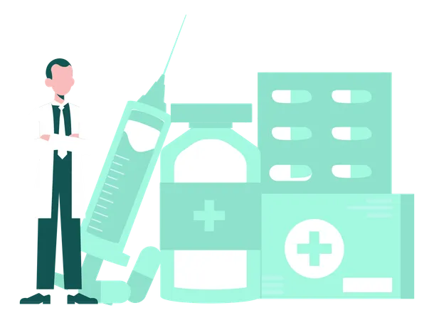 Doctor Standing With Medicines  Illustration