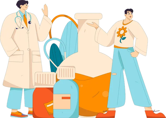 Doctor standing with medicines  Illustration