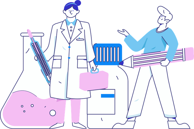 Doctor standing with thermometer and first aid bpx  Illustration