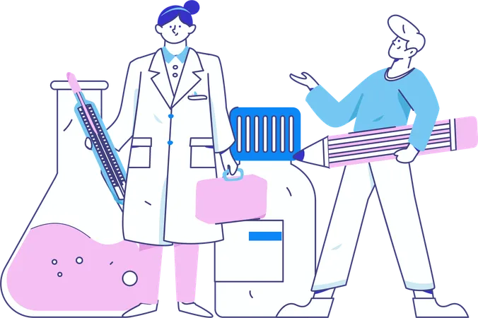 Doctor standing with thermometer and first aid bpx  Illustration