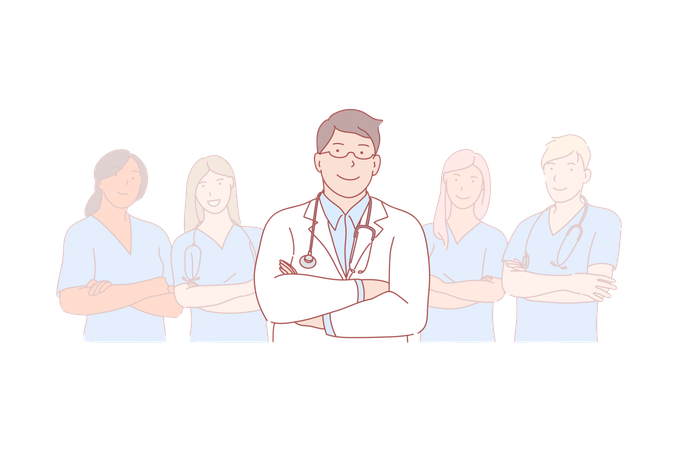 Doctor stands in front of his team of men and women  Illustration