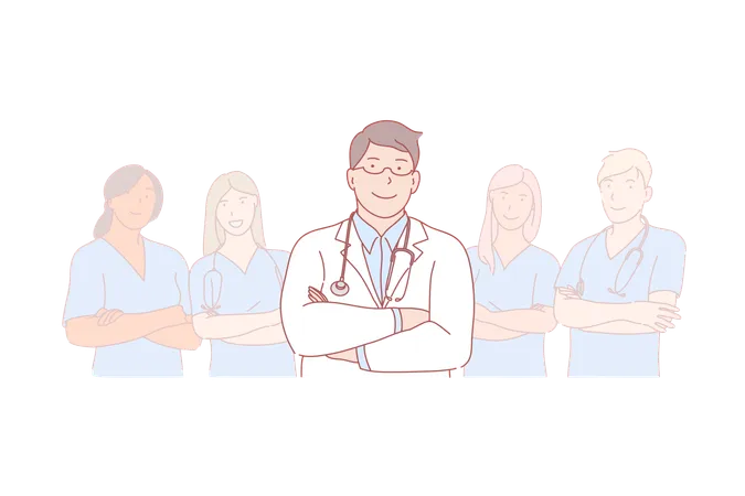 Doctor stands in front of his team of men and women  Illustration