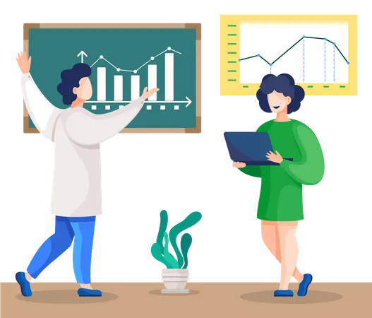 Man And Woman Stand Near Blackboard With Statistics Graphics In Classroom Chemistry Or Math Lesson With Educational Diagrams And Charts People Doing Research Vector Illustration In Flat Style Illustration