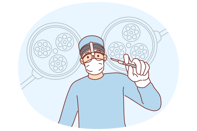 Doctor surgeon with scalpel in hands stands near hospital lamps during leaning to save sick patient  Illustration