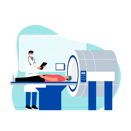 El médico revisa el informe de tomografía computarizada del paciente  Ilustración