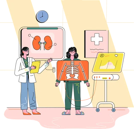 Doctor tomando una exploración de rayos X de una paciente  Ilustración