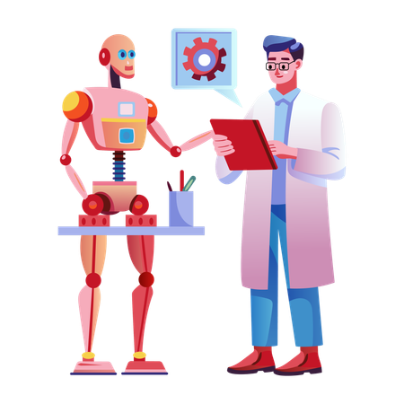 Doctor trabajando con asistente robot  Ilustración