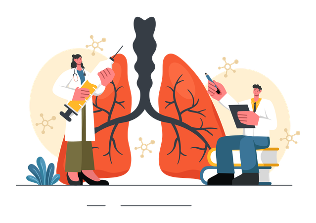 Médico trabajando en cura para infección pulmonar  Ilustración