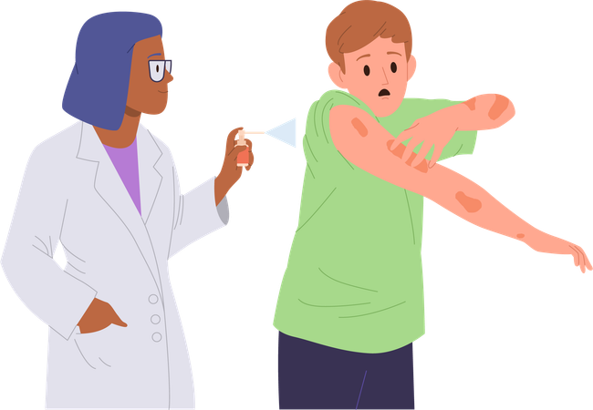 Doctor treating boy suffering from psoriasis skin rash  Illustration