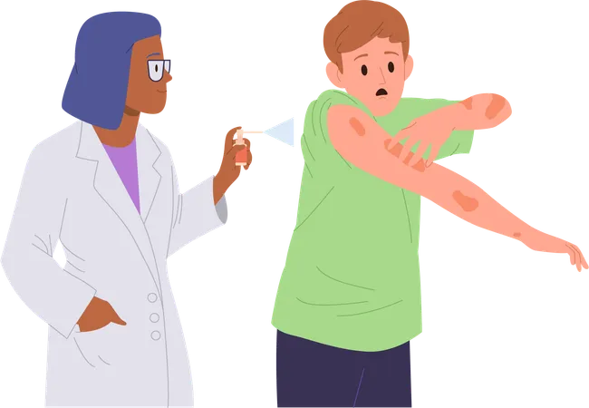 Doctor treating boy suffering from psoriasis skin rash  Illustration