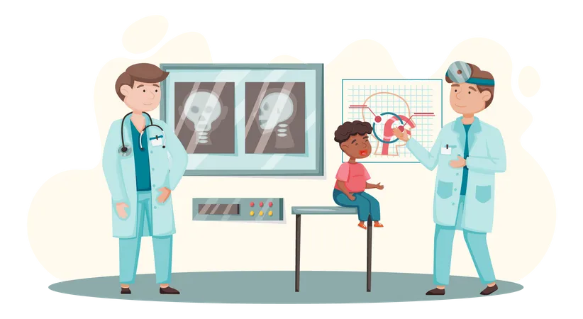 Doctor treating little kid with throat problem  Illustration
