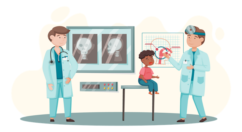 Doctor treating little kid with throat problem  일러스트레이션
