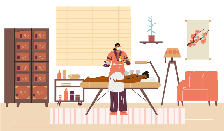 Doctor treating patient with vacuum therapy in an oriental medicine clinic  Illustration