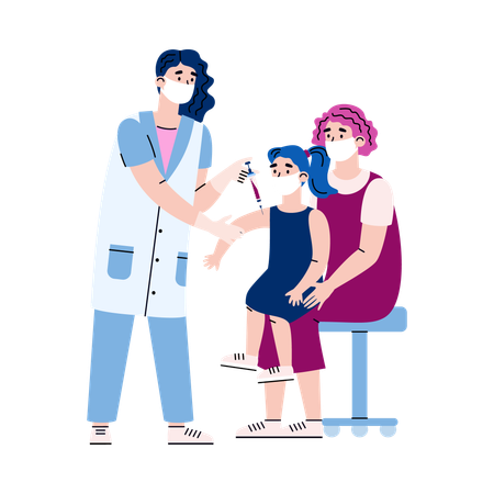 Doctor vaccinates child who sits on mothers lap  Illustration