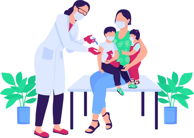 Doctor Vaccinating Children Flat Color Vector Faceless Characters Mother With Kids People In Medical Masks Healthcare Isolated Cartoon Illustration For Web Graphic Design And Animation Illustration