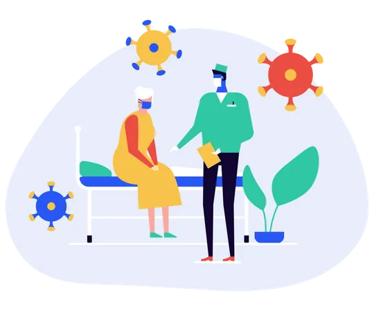 Doctor Visiting A Senior Patient Flat Design Style Illustration With Characters Coronavirus Protective Measures An Elderly Woman Sitting On A Hospital Bed Talking To A Therapist In A Face Mask Illustration