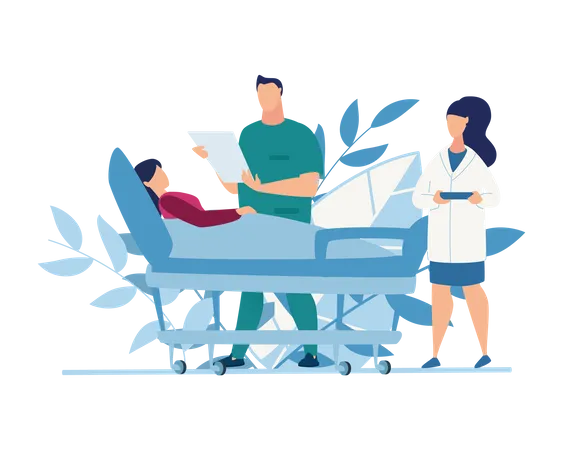 Doctor Watching Patient Report For Further Treatment And Patient Condition Who Is Lying On The Bed Illustration