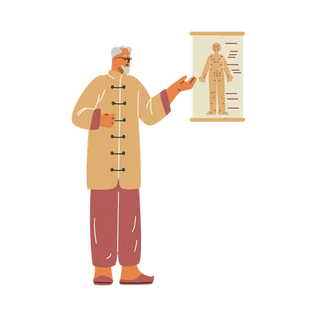 Doctor who teaches lesson on acupuncture at poster  Illustration