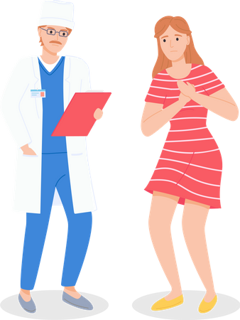 Doctor with case history advises an anxious patient about treatment  Illustration