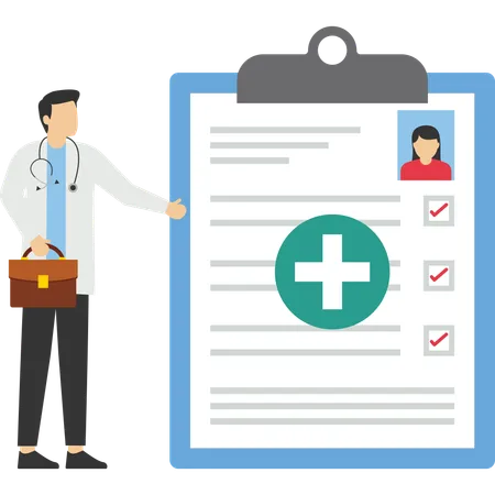 Health Care Medicine And Doctors Concept Young Smiling Female Physician Or Nurse With Recommendations Advice Memo In Her Hands On Blue Background Information Illustration Flat Cartoon Vector Illustration