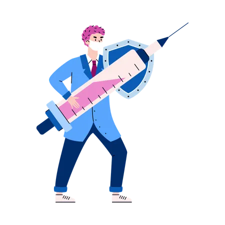 Doctor with injection syringe and shield  Illustration