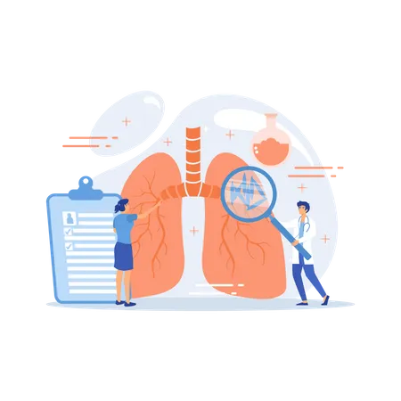 Doctor with magnifier looking at bacteria in lungs Illustration