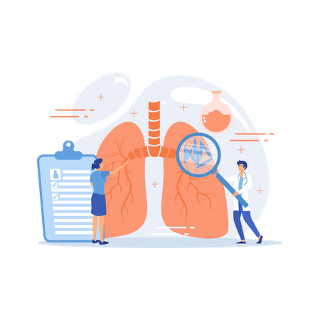 Doctor with magnifier looking at bacteria in lungs  Illustration