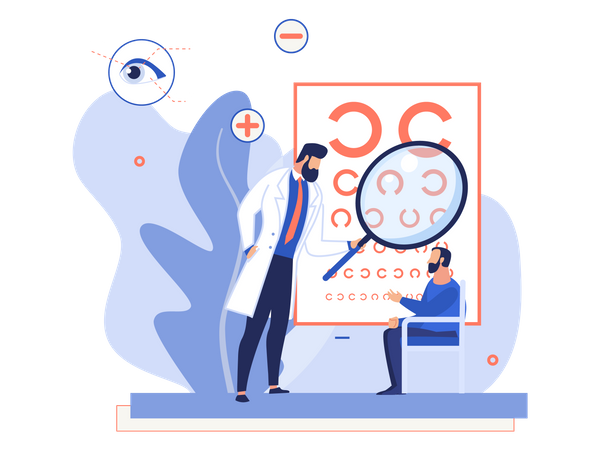 Doctor with magnifying glass checking number of patient eye  Illustration